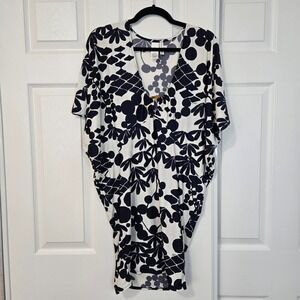Trina Turk Navy Blue White Graphic Floral Kaftan Dress V-Neck Resin Ring Small